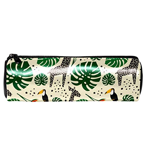 EZIOLY - Estuche de piel con diseño de jirafas, tucanes y hojas de palma, para cosméticos, para la escuela, el trabajo o la oficina