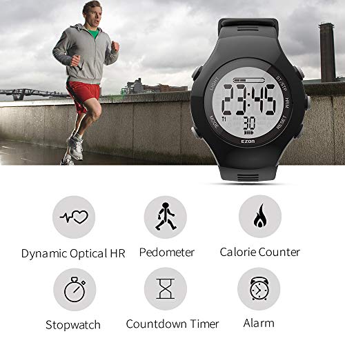 EZON Reloj Deportivo Digital con Monitor de frecuencia cardíaca Podómetro Contador de calorías Cronómetro Temporizador de Cuenta Regresiva (T043A11)