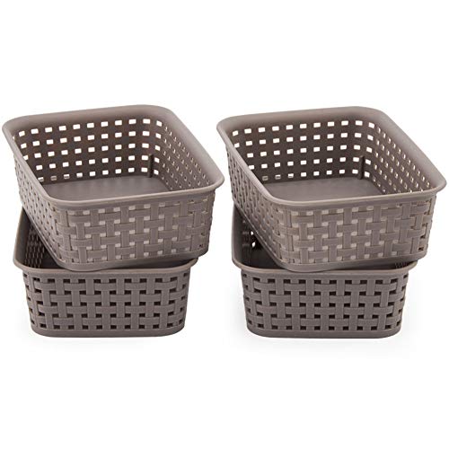 EZOWare 4 pcs Pequeño Cestas de Almacenaje Multiuso, Cajas Bandeja Organizadoras Rectangular de Plástico con Efecto de Mimbre para Cajones, Estantes Cocina, Baño - Gris, 19,5 x 13,5 x 6 cm