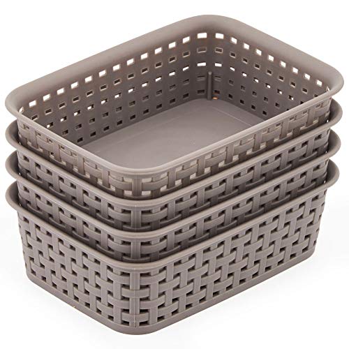 EZOWare 4 pcs Pequeño Cestas de Almacenaje Multiuso, Cajas Bandeja Organizadoras Rectangular de Plástico con Efecto de Mimbre para Cajones, Estantes Cocina, Baño - Gris, 19,5 x 13,5 x 6 cm