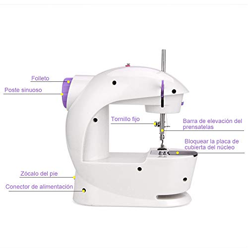 Faburo Mini Máquina de Coser Eléctrica con Lámpara, Máquina de Coser Eléctrica Doméstica con Bastidor de Expansión y Carretes y Clip de Costura Hilo