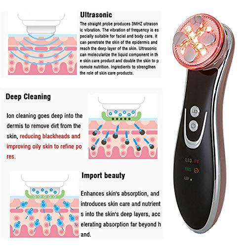 Facial Aparato Radiofrecuencia, Aparato Facial Ultrasonido, 5 Modos de Terapia de luz LED, Antiarrugas, Anti-envejecimiento, Rejuvenecimiento, Limpieza Profunda, Cuidado Facial, Buen Regalo para Damas