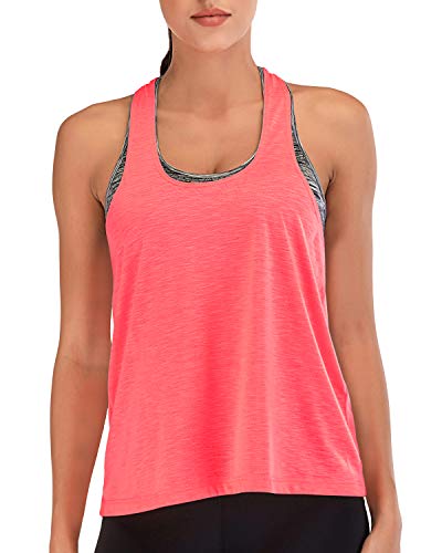 FAFAIR - Camiseta de entrenamiento para mujer, con sujetador integrado, espalda cruzada floja, chaleco deportivo para gimnasio, running y camiseta blanca y coral S