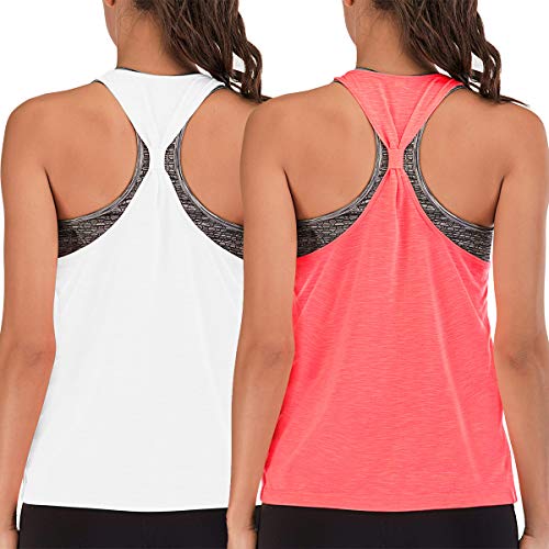 FAFAIR - Camiseta de entrenamiento para mujer, con sujetador integrado, espalda cruzada floja, chaleco deportivo para gimnasio, running y camiseta blanca y coral S