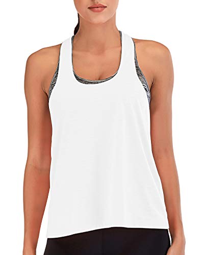 FAFAIR - Camiseta de entrenamiento para mujer, con sujetador integrado, espalda cruzada floja, chaleco deportivo para gimnasio, running y camiseta blanca y coral S