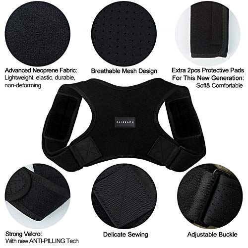 Faireach Corrector de Postura, Ajustable Corrector Espalda, Tejido Profesional de Neopreno Transpirable, Alivio de Dolor en la Clavícula Hombro Espinal, con 2 Piezas de Almohadillas Protectoras Faireach Corrector de Postura, Ajustable Corrector Espalda, Tejido Profesional de Neopreno Transpirable, Alivio de Dolor en la Clavícula Hombro Espinal, con 2 Piezas de Almohadillas Protectoras
