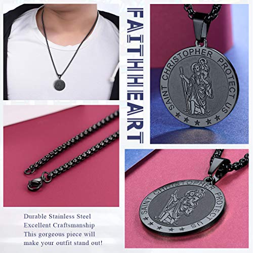 FaithHeart Medallón Redondo San Cristóbal Collar Colgante de Acero Inoxidable Joyería Católica Chapado en Oro Dorado/Plateado/Negro