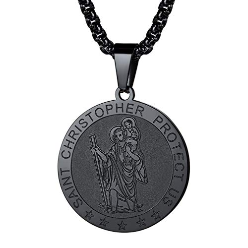 FaithHeart Medallón Redondo San Cristóbal Collar Colgante de Acero Inoxidable Joyería Católica Chapado en Oro Dorado/Plateado/Negro