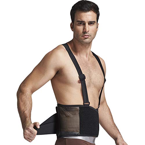 Faja para la espalda con tirantes, apoyo lumbar, cinturón de culturismo/halterofilia, entrenamiento, seguridad en el trabajo y postura - Marca Neotech Care (Talla L)