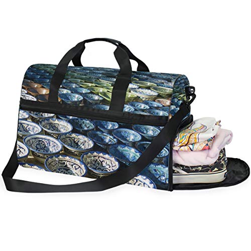 FAJRO Bolsa de Viaje para Gimnasio, Bolsa de Viaje para Fin de Semana con Cuenco Azul de cerámica para Llevar en el Equipaje con Bolsa para Zapatos FAJRO Bolsa de Viaje para Gimnasio, Bolsa de Viaje para Fin de Semana con Cuenco Azul de cerámica para Llevar en el Equipaje con Bolsa para Zapatos