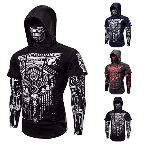 Falso al aire libre de dos piezas traje de Ninja Cyberpunk elástica aptitud de los hombres con capucha Máscara Montar camiseta Slim basculador de culturismo manga larga chaqueta de Personalidad