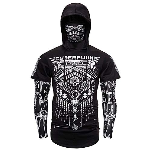 Falso al aire libre de dos piezas traje de Ninja Cyberpunk elástica aptitud de los hombres con capucha Máscara Montar camiseta Slim basculador de culturismo manga larga chaqueta de Personalidad