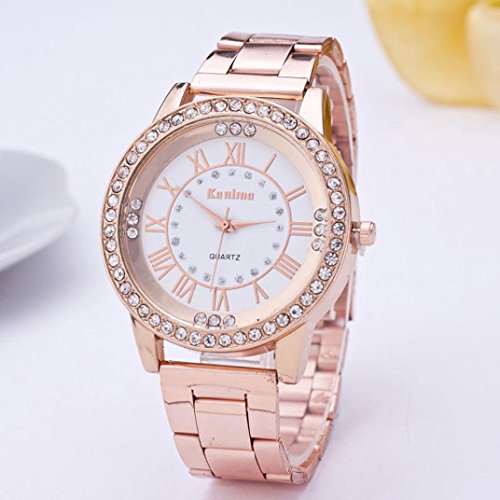 FAMILIZO Mujeres Hombres Elegante Moda De Cristal Rhinestone De Acero Inoxidable Reloj De Cuarzo Analógico De Cuarzo (Oro rosa)