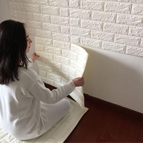 FAMILIZO PE de Espuma de 3D Wallpaper DIY Pared Pegatinas Decoración de Pared en Relieve Piedra de ladrillo (60_x_60_cm, Blanco)