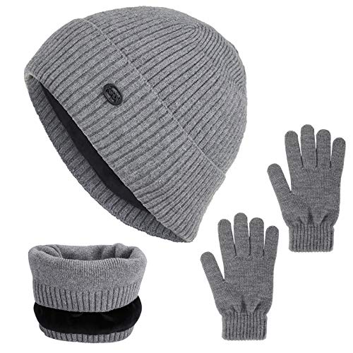 Familybox 3 en 1 Gorras Invierno con Bufanda y Guantes Kit, Sombrero Caliente de Punto y Bufanda tubular de Punto Forro de Terciopelo Guantes Táctiles Deportes de Invierno para Mujer Hombre Niños