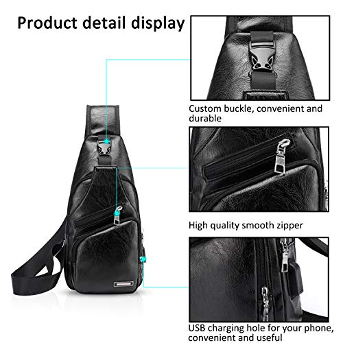 FANDARE Hombre Bolso Pecho, Impermeable Bandoleras Cruzada, Gimnasio Hiking Gym Bag Ciclismo Bolso de Carga USB, Senderismo Bolso Bandolera Impermeable PU Negro