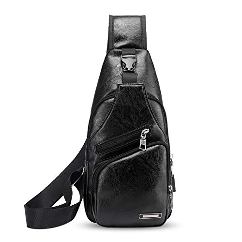 FANDARE Hombre Bolso Pecho, Impermeable Bandoleras Cruzada, Gimnasio Hiking Gym Bag Ciclismo Bolso de Carga USB, Senderismo Bolso Bandolera Impermeable PU Negro