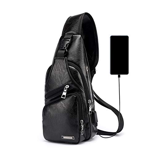 FANDARE Hombre Bolso Pecho, Impermeable Bandoleras Cruzada, Gimnasio Hiking Gym Bag Ciclismo Bolso de Carga USB, Senderismo Bolso Bandolera Impermeable PU Negro