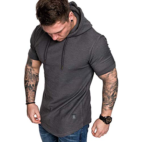 Fannyfuny camiseta Hombre Verano Camisa Elástica de Fitness Tank Top Gym Fitness Muscle de Manga Corta con Capucha Culturismo Bolsillos de Secado Ajustado