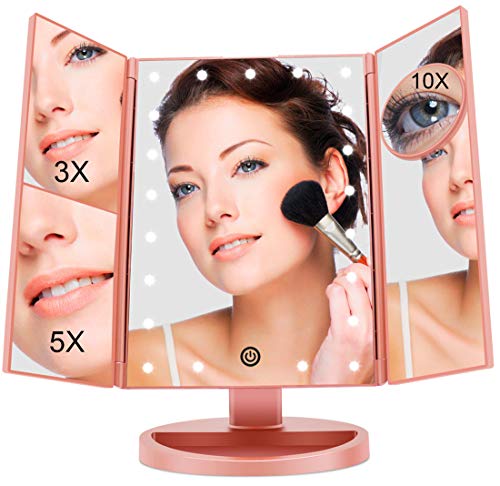 FASCINATE Espejo con Luz para Maquillaje Pantalla Táctil Lámparas con Iluminacíon 21 Led 1X/3X/5X/10X Triple Plegable Espejo Rotación de 180° Regalos Espejo de Mesa Carga con USB o Batería