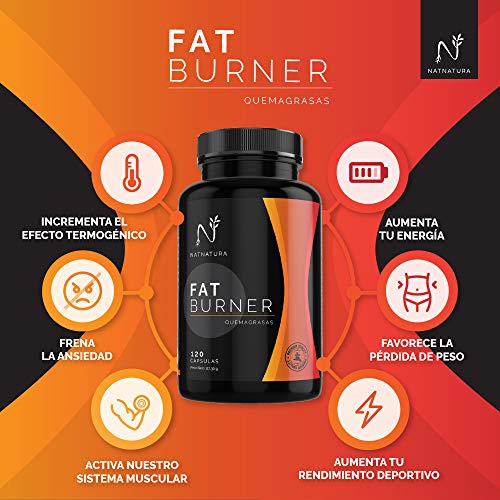 FAT BURNER Nº1. Potente quemagrasas natural alto rendimiento. Termogénico para adelgazar. Suplemento deportivo, quema grasa abdominal, supresor del apetito. 120 cápsulas vegetales alta concentración.