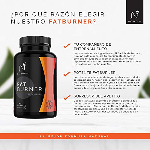 FAT BURNER Nº1. Potente quemagrasas natural alto rendimiento. Termogénico para adelgazar. Suplemento deportivo, quema grasa abdominal, supresor del apetito. 120 cápsulas vegetales alta concentración.