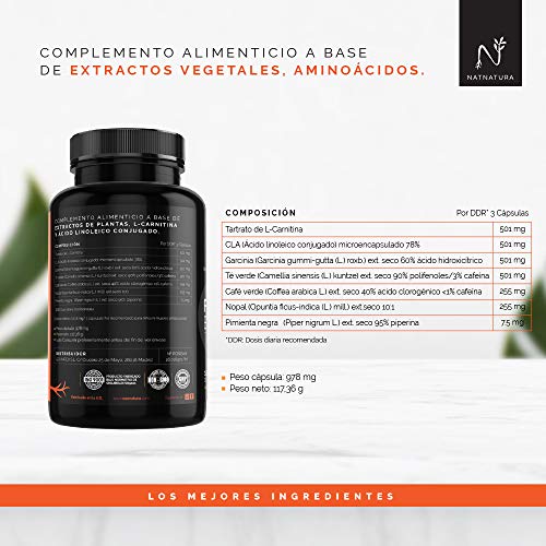 FAT BURNER Nº1. Potente quemagrasas natural alto rendimiento. Termogénico para adelgazar. Suplemento deportivo, quema grasa abdominal, supresor del apetito. 120 cápsulas vegetales alta concentración.