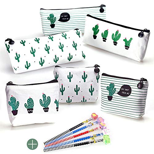 FAVENGO 6 Pcs Estuche para Lapices de Tela Estuche de Lona de Cactus Cartuchera para Lapices Bolsa para Lapices Estuches Escolares Grandes Estuches Organizadores de Lapices para Niño Mujer + 5 Lapices