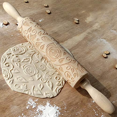 Fayeille - Rodillo de repostería antiadherente de madera grabado manual para bricolaje, diseño de flor rosa para hornear galletas en relieve, Navidad, San Valentín o cumpleaños