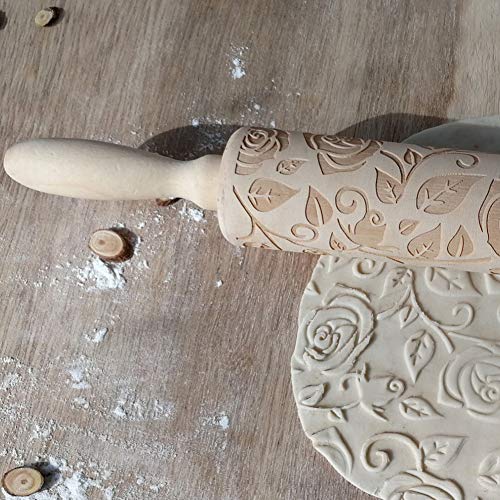 Fayeille - Rodillo de repostería antiadherente de madera grabado manual para bricolaje, diseño de flor rosa para hornear galletas en relieve, Navidad, San Valentín o cumpleaños