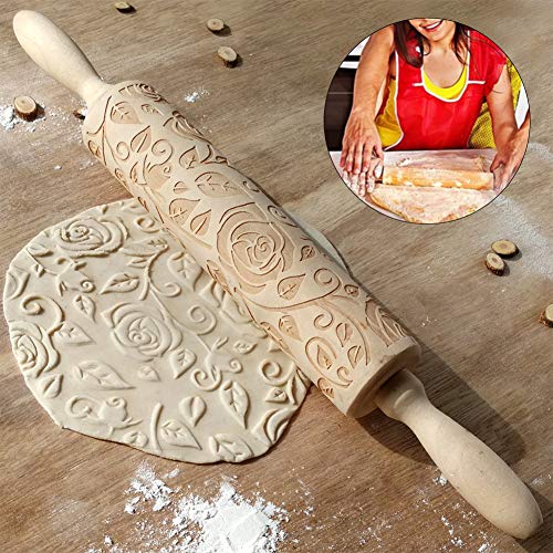 Fayeille - Rodillo de repostería antiadherente de madera grabado manual para bricolaje, diseño de flor rosa para hornear galletas en relieve, Navidad, San Valentín o cumpleaños