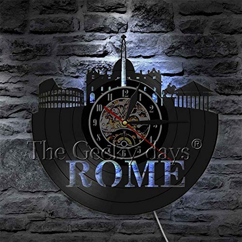 fdgdfgd Disco de CD clásico Roma Ciudad Naturaleza Muerta no Hace tictac Disco de Vinilo Decorativo Reloj Colgante | Reloj de Pared Luminoso de 7 Colores