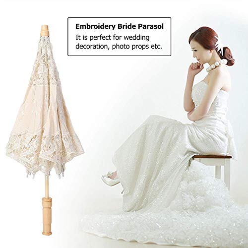 Fdit Sombrilla hecha a mano con encaje, bordado floral, para bodas, novia, fotografía, paraguas de seda, Blanco, large