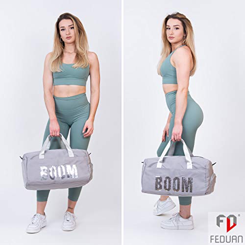 FEDUAN Boom Bolsa Deportiva Deporte de Viaje de compres con Compartimento para Zapatos Bolsillo Mojado Moda Impermeable para Hombres y Mujeres Yoga Pilates Playa Ocio Sauna Festivo Plata Gris