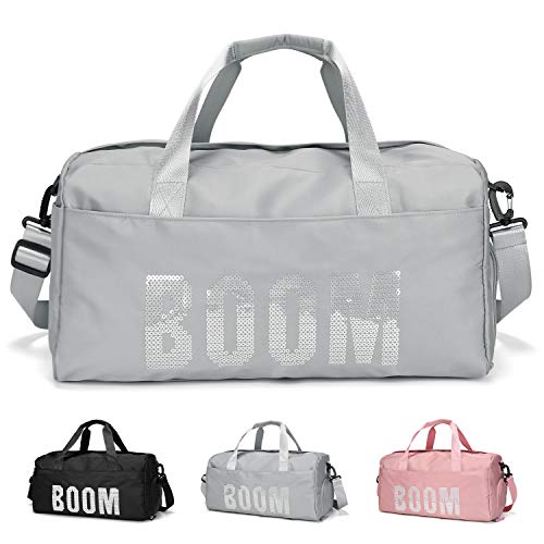 FEDUAN Boom Bolsa Deportiva Deporte de Viaje de compres con Compartimento para Zapatos Bolsillo Mojado Moda Impermeable para Hombres y Mujeres Yoga Pilates Playa Ocio Sauna Festivo Plata Gris