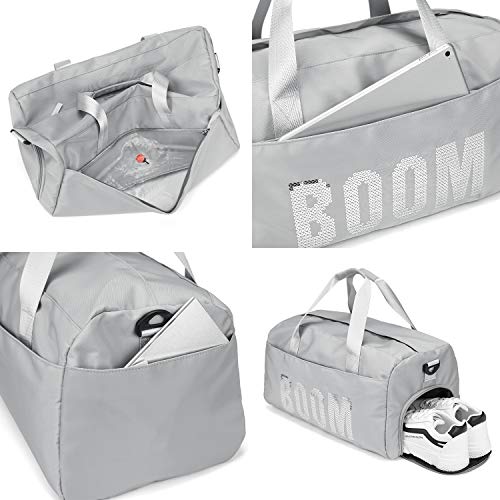 FEDUAN Boom Bolsa Deportiva Deporte de Viaje de compres con Compartimento para Zapatos Bolsillo Mojado Moda Impermeable para Hombres y Mujeres Yoga Pilates Playa Ocio Sauna Festivo Plata Gris