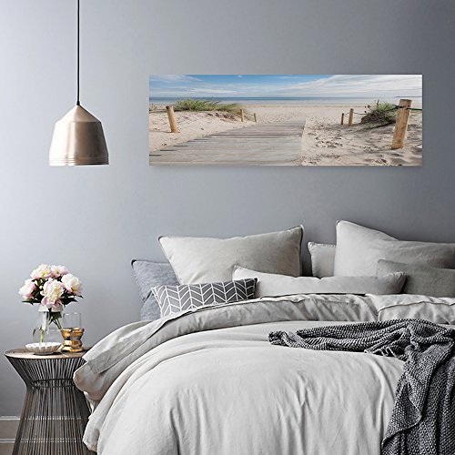 Feeby Frames, Cuadro en Lienzo, Cuadro impresión, Cuadro decoración, Canvas de una Pieza, 40x120 cm, Playa, Arena, Agua, Hierba, Paisaje, Vista, MARRÓN, Verde, Azul