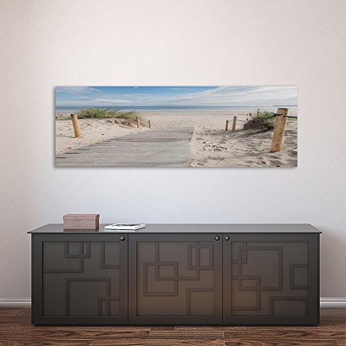 Feeby Frames, Cuadro en Lienzo, Cuadro impresión, Cuadro decoración, Canvas de una Pieza, 40x120 cm, Playa, Arena, Agua, Hierba, Paisaje, Vista, MARRÓN, Verde, Azul