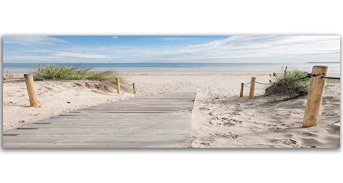 Feeby Frames, Cuadro en Lienzo, Cuadro impresión, Cuadro decoración, Canvas de una Pieza, 40x120 cm, Playa, Arena, Agua, Hierba, Paisaje, Vista, MARRÓN, Verde, Azul