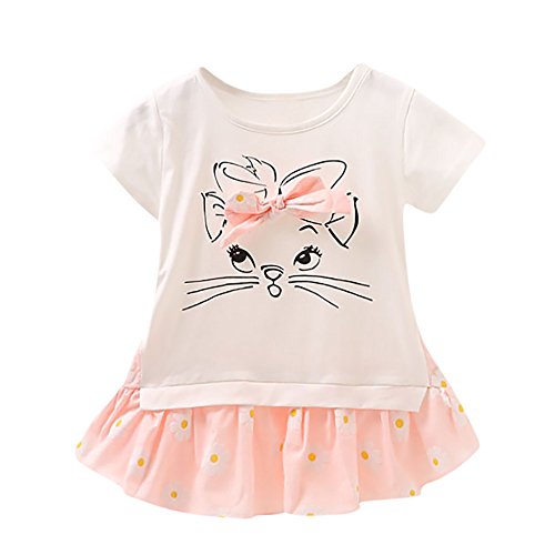 feiXIANG Bebé recién Nacido Ropa Infantil Vestido de niña Bebé Niña Niño de Dibujos Animados Gato Estampado Arco Floral Falso Vestido de Dos Piezas Ropa Linda Mini Vestido Princesa Vestido niña