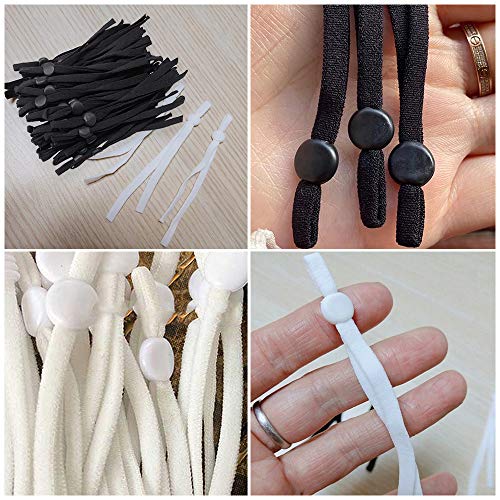 Feliciay 200 bandas elásticas de silicona para cordón plano con hebilla ajustable, orejeras, cuerda bricolaje, tapón antideslizante (negro, blanco)