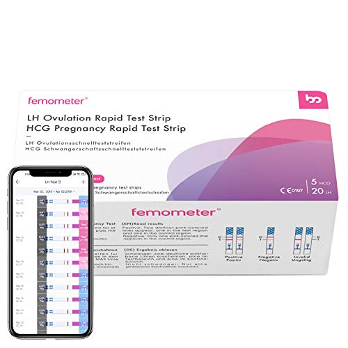 Femometer 20 test de ovulación y 5 test de embarazo ultrasensibles, Resultados Precisos con la App (iOS & Android) Reconocimiento Automático de los Resultados de las Pruebas