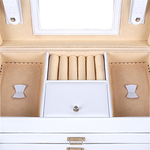 Femor Caja Joyero 4 Niveles, Caja para Joyas con Espejo y 3 Cajones, Interior de Terciopelo, de Viaje, con Cerradura, para Pendientes,Collares,Pulseras,Anillos,Relojes,Gafas,Regalo para Navidad Mujer