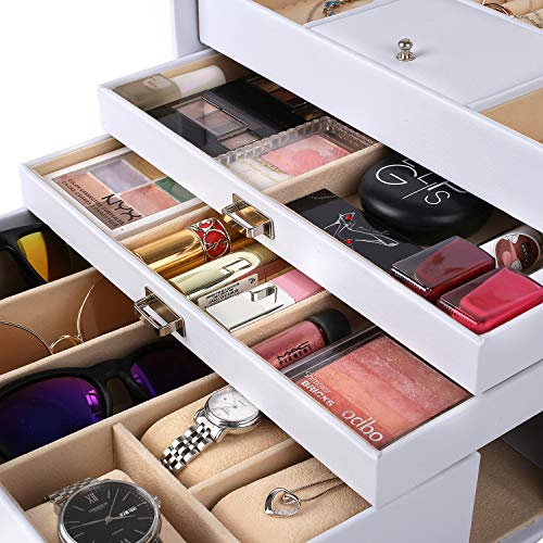 Femor Caja Joyero 4 Niveles, Caja para Joyas con Espejo y 3 Cajones, Interior de Terciopelo, de Viaje, con Cerradura, para Pendientes,Collares,Pulseras,Anillos,Relojes,Gafas,Regalo para Navidad Mujer