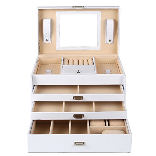 Femor Caja Joyero 4 Niveles, Caja para Joyas con Espejo y 3 Cajones, Interior de Terciopelo, de Viaje, con Cerradura, para Pendientes,Collares,Pulseras,Anillos,Relojes,Gafas,Regalo para Navidad Mujer