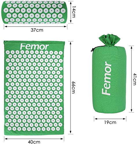 Femor Esterilla de Acupresión Kit con Almohada y Bolsa para Acupuntura y Moxibustión Yoga, para el Dolor de Espalda y Cuello Dolor Ciático, Insomnio, Alivio Muscular Relajación (Verde)