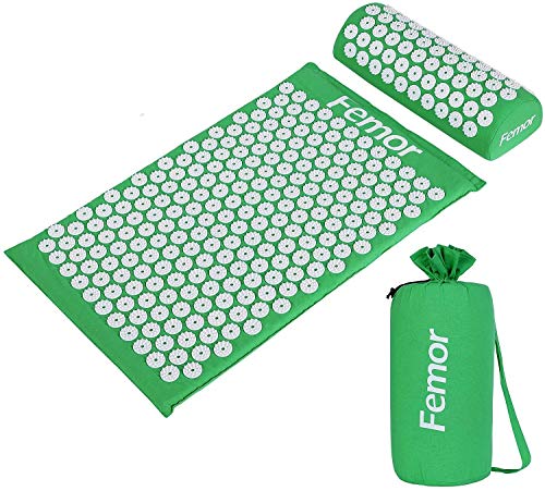 Femor Esterilla de Acupresión Kit con Almohada y Bolsa para Acupuntura y Moxibustión Yoga, para el Dolor de Espalda y Cuello Dolor Ciático, Insomnio, Alivio Muscular Relajación (Verde)