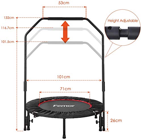 Femor Trampolín Fitness Plegable, Ø101.6 cm, con Mango Ajustable en Altura de 3 Vías, incluida la Cubierta del Borde, con Cuerdas de Goma Peso Máximo 150 kg