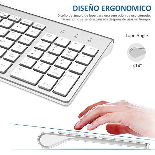 FENIFOX Teclado y Raton inalambrico, diseño ergonómico 2,4 G Teclado inalámbrico y ratón Combinado con Nano Receptor USB para PC de Escritorio, Mac OS Windows Linux (Plata)