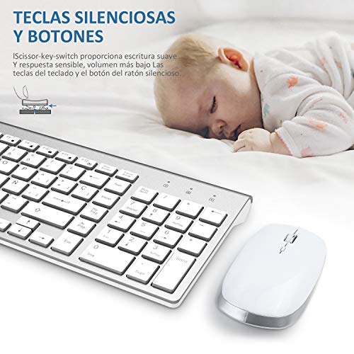 FENIFOX Teclado y Raton inalambrico, diseño ergonómico 2,4 G Teclado inalámbrico y ratón Combinado con Nano Receptor USB para PC de Escritorio, Mac OS Windows Linux (Plata)